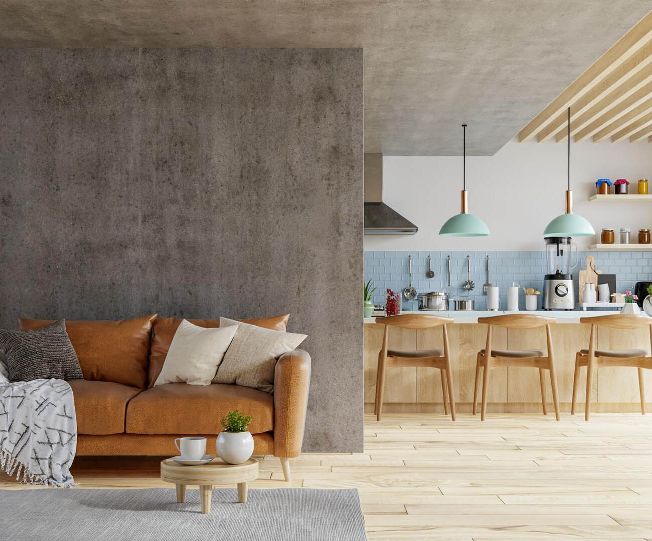 concrete-wall-mock-up-warm-tones-with-leather-sofa-which-is-kitchen-room