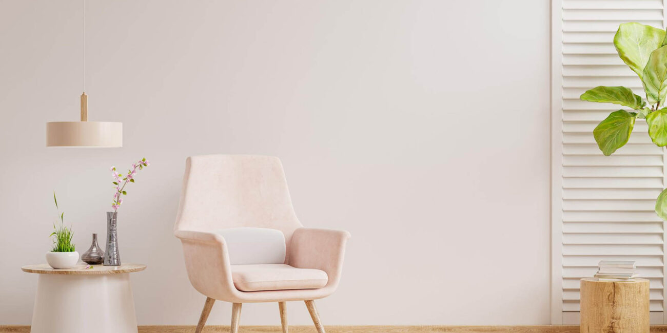 living-room-interior-wall-mockup-warm-tones-with-pink-armchair-minimal-design-3d-rendering